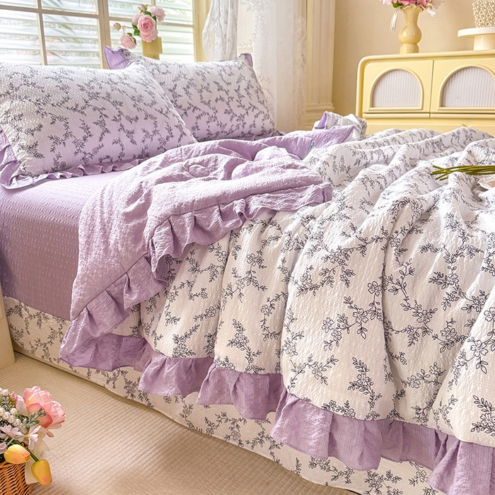 91家纺网 家纺一手货源 找家纺 韩约家纺 2026春夏新款韩式花边泡芙棉床单款夏被夏凉被空调被四件套 安暖如夏