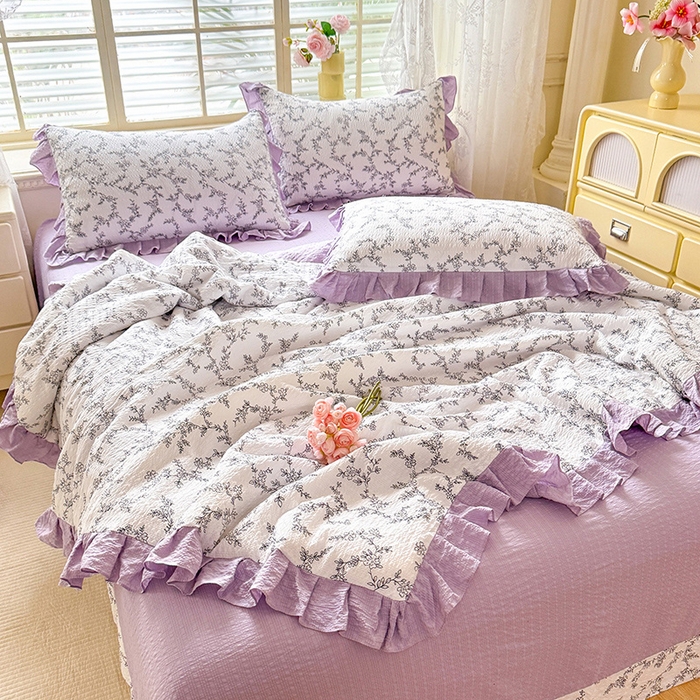 91家纺网 家纺一手货源 找家纺 韩约家纺 2026春夏新款韩式花边泡芙棉床单款夏被夏凉被空调被四件套 安暖如夏