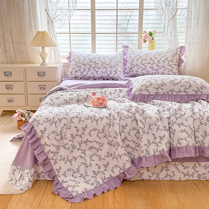 91家纺网 家纺一手货源 找家纺 韩约家纺 2026春夏新款韩式花边泡芙棉床单款夏被夏凉被空调被四件套 安暖如夏