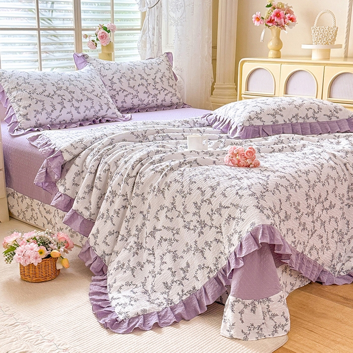 91家纺网 家纺一手货源 找家纺 韩约家纺 2026春夏新款韩式花边泡芙棉床单款夏被夏凉被空调被四件套 安暖如夏