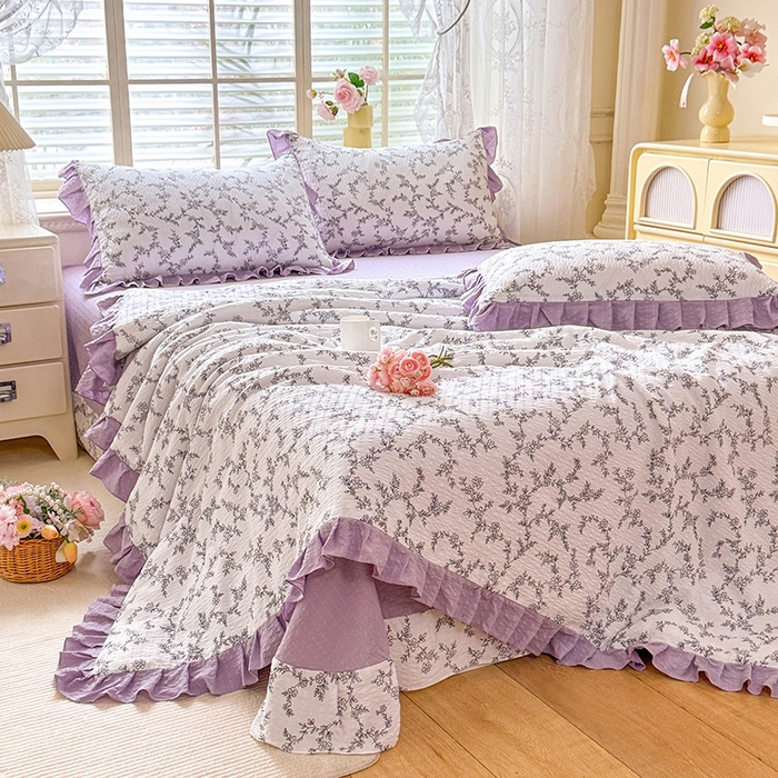 91家纺网 家纺一手货源 找家纺 韩约家纺 2026春夏新款韩式花边泡芙棉床单款夏被夏凉被空调被四件套 安暖如夏