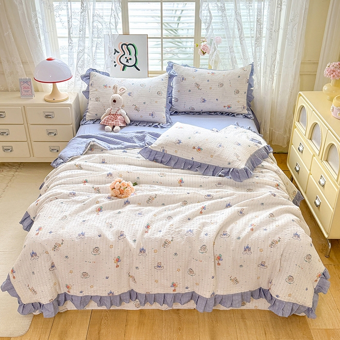 91家纺网 家纺一手货源 找家纺 韩约家纺 2026春夏新款韩式花边泡芙棉床单款夏被夏凉被空调被四件套 宝妮