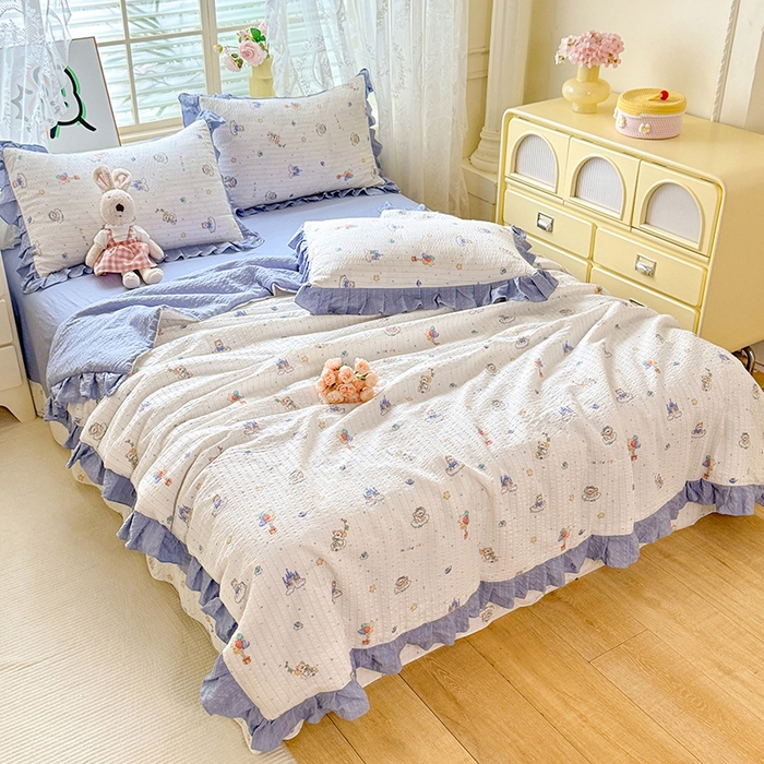 91家纺网 家纺一手货源 找家纺 韩约家纺 2026春夏新款韩式花边泡芙棉床单款夏被夏凉被空调被四件套 宝妮