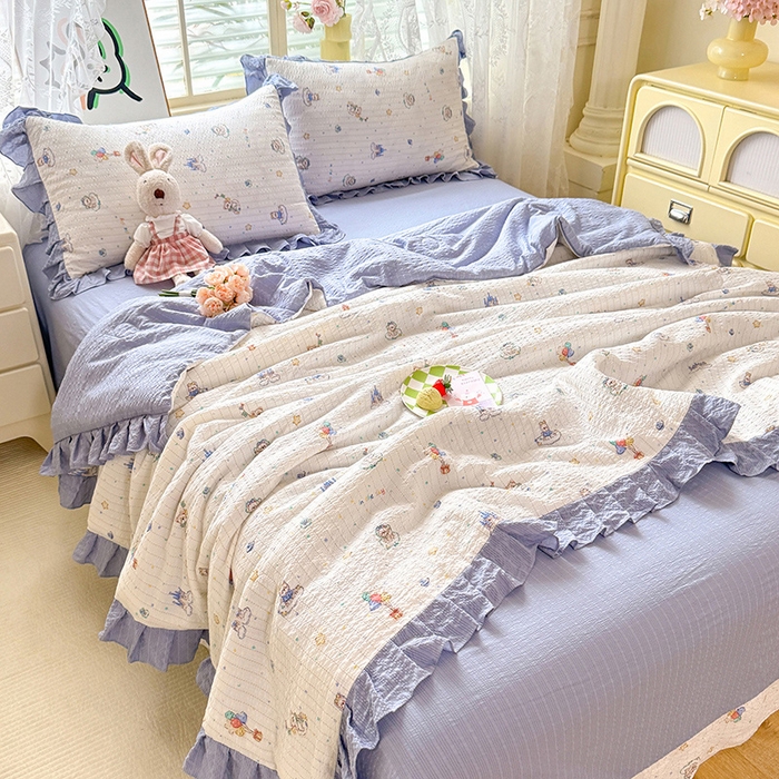 91家纺网 家纺一手货源 找家纺 韩约家纺 2026春夏新款韩式花边泡芙棉床单款夏被夏凉被空调被四件套 宝妮