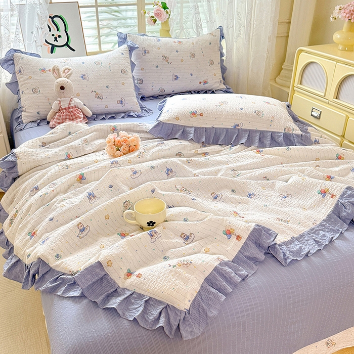 91家纺网 家纺一手货源 找家纺 韩约家纺 2026春夏新款韩式花边泡芙棉床单款夏被夏凉被空调被四件套 宝妮