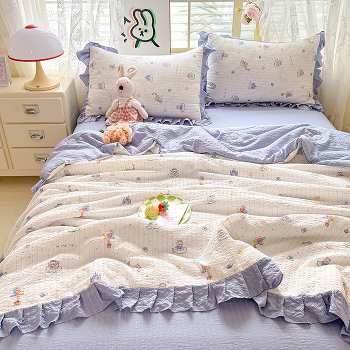 91家纺网 家纺一手货源 找家纺 韩约家纺 2026春夏新款韩式花边泡芙棉床单款夏被夏凉被空调被四件套 宝妮