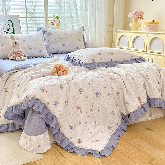 91家纺网 家纺一手货源 找家纺 韩约家纺 2026春夏新款韩式花边泡芙棉床单款夏被夏凉被空调被四件套 宝妮