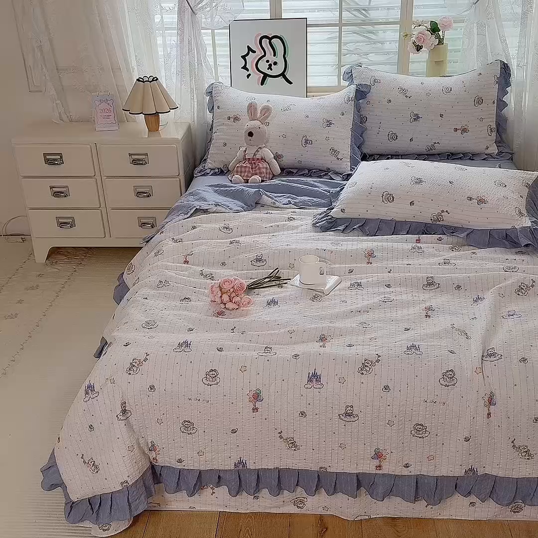 91家纺网 家纺一手货源 找家纺 韩约家纺 2026春夏新款韩式花边泡芙棉床单款夏被夏凉被空调被四件套 宝妮