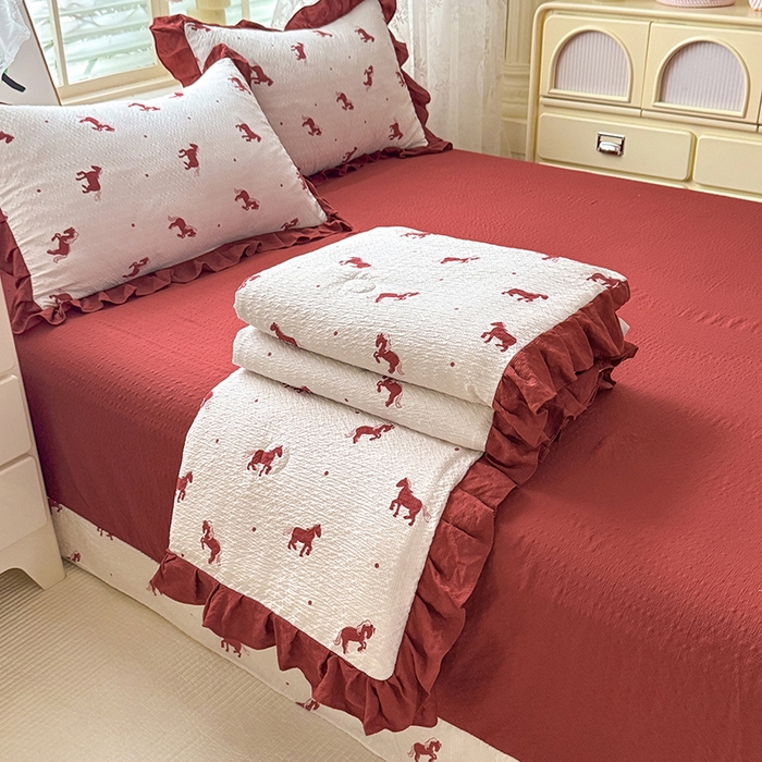 韩约家纺 2026春夏新款韩式花边泡芙棉床单款夏被夏凉被空调被四件套 马上有钱