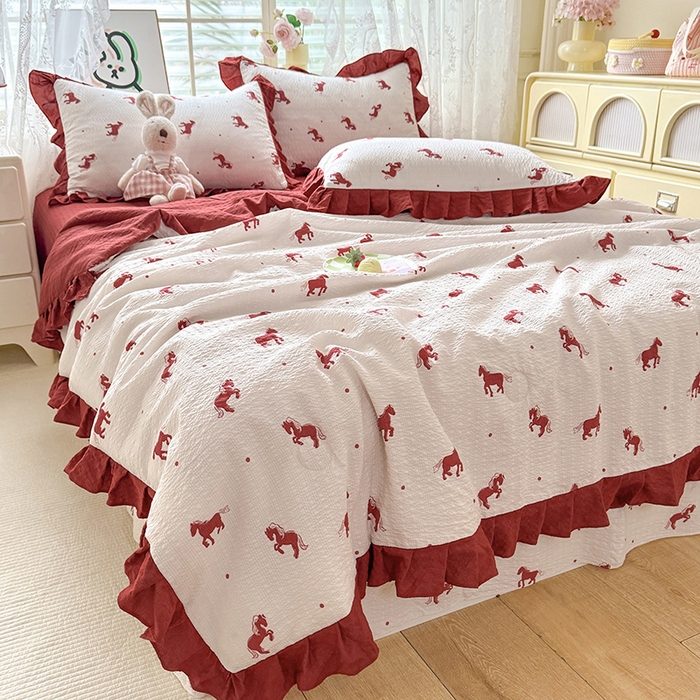 91家纺网 家纺一手货源 找家纺 韩约家纺 2026春夏新款韩式花边泡芙棉床单款夏被夏凉被空调被四件套 马上有钱