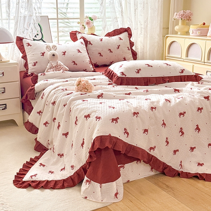 91家纺网 家纺一手货源 找家纺 韩约家纺 2026春夏新款韩式花边泡芙棉床单款夏被夏凉被空调被四件套 马上有钱