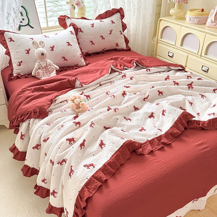 91家纺网 家纺一手货源 找家纺 韩约家纺 2026春夏新款韩式花边泡芙棉床单款夏被夏凉被空调被四件套 马上有钱