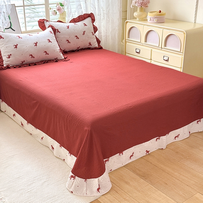 91家纺网 家纺一手货源 找家纺 韩约家纺 2026春夏新款韩式花边泡芙棉床单款夏被夏凉被空调被四件套 马上有钱