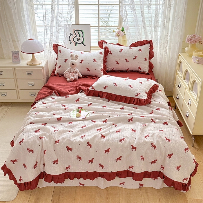 91家纺网 家纺一手货源 找家纺 韩约家纺 2026春夏新款韩式花边泡芙棉床单款夏被夏凉被空调被四件套 马上有钱