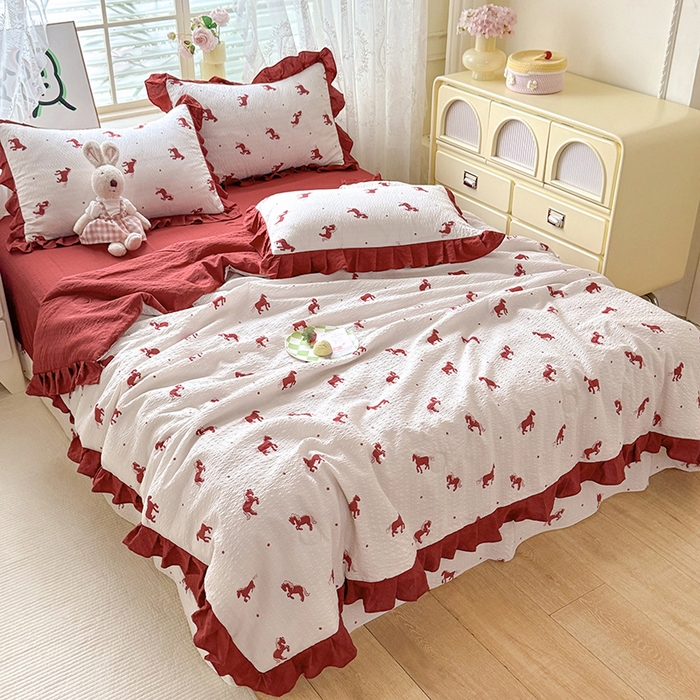 91家纺网 家纺一手货源 找家纺 韩约家纺 2026春夏新款韩式花边泡芙棉床单款夏被夏凉被空调被四件套 马上有钱