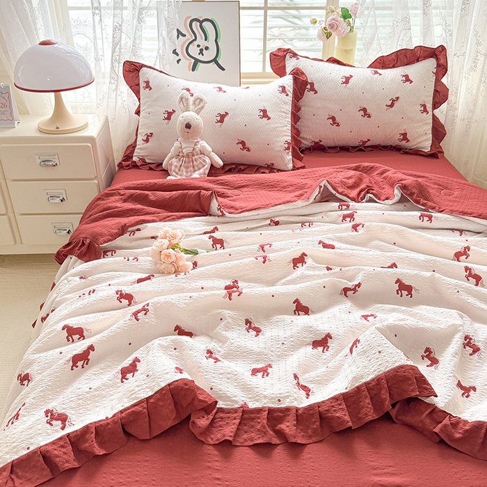 91家纺网 家纺一手货源 找家纺 韩约家纺 2026春夏新款韩式花边泡芙棉床单款夏被夏凉被空调被四件套 马上有钱