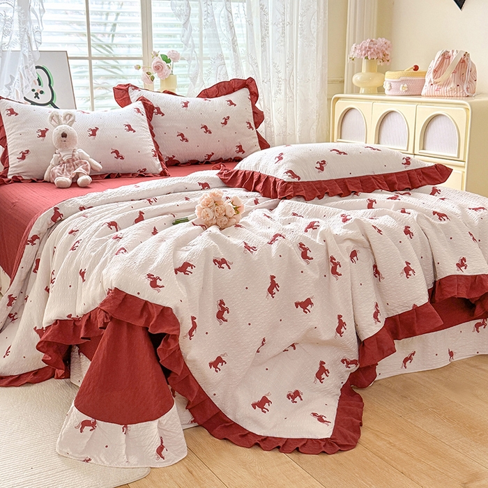 91家纺网 家纺一手货源 找家纺 韩约家纺 2026春夏新款韩式花边泡芙棉床单款夏被夏凉被空调被四件套 马上有钱