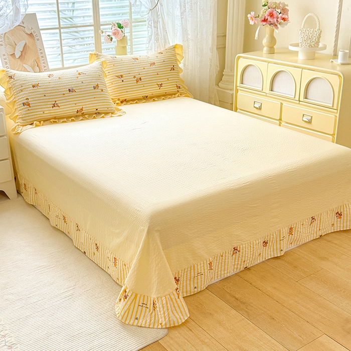 91家纺网 家纺一手货源 找家纺 韩约家纺 2026春夏新款韩式花边泡芙棉床单款夏被夏凉被空调被四件套 旺旺