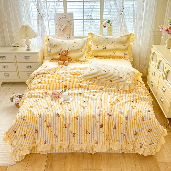 91家纺网 家纺一手货源 找家纺 韩约家纺 2026春夏新款韩式花边泡芙棉床单款夏被夏凉被空调被四件套 旺旺