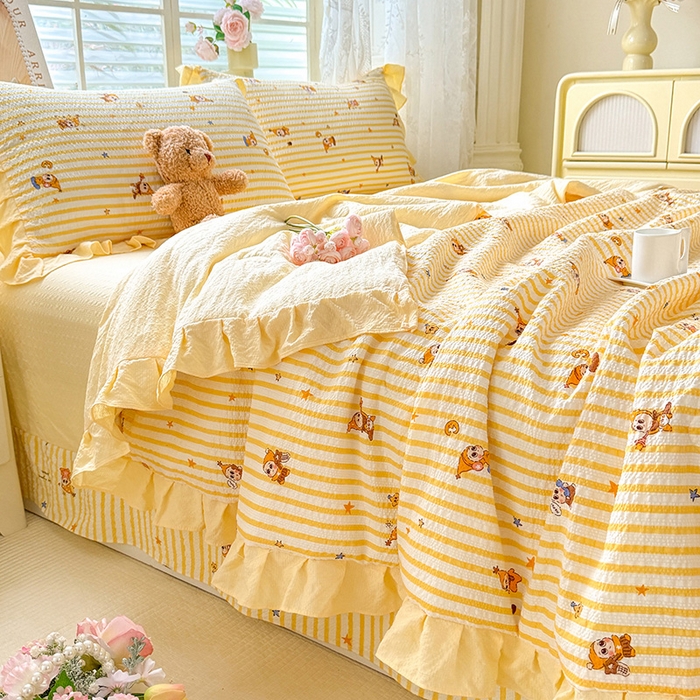 91家纺网 家纺一手货源 找家纺 韩约家纺 2026春夏新款韩式花边泡芙棉床单款夏被夏凉被空调被四件套 旺旺