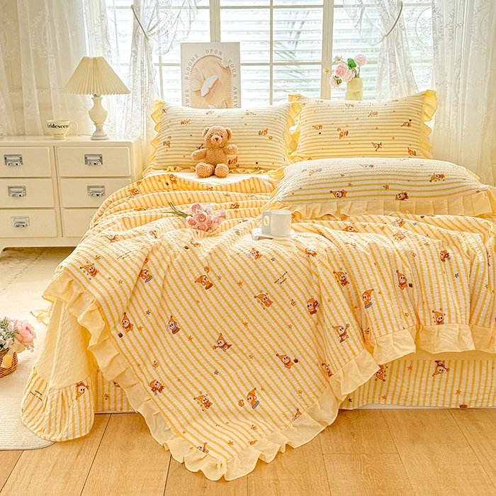 91家纺网 家纺一手货源 找家纺 韩约家纺 2026春夏新款韩式花边泡芙棉床单款夏被夏凉被空调被四件套 旺旺