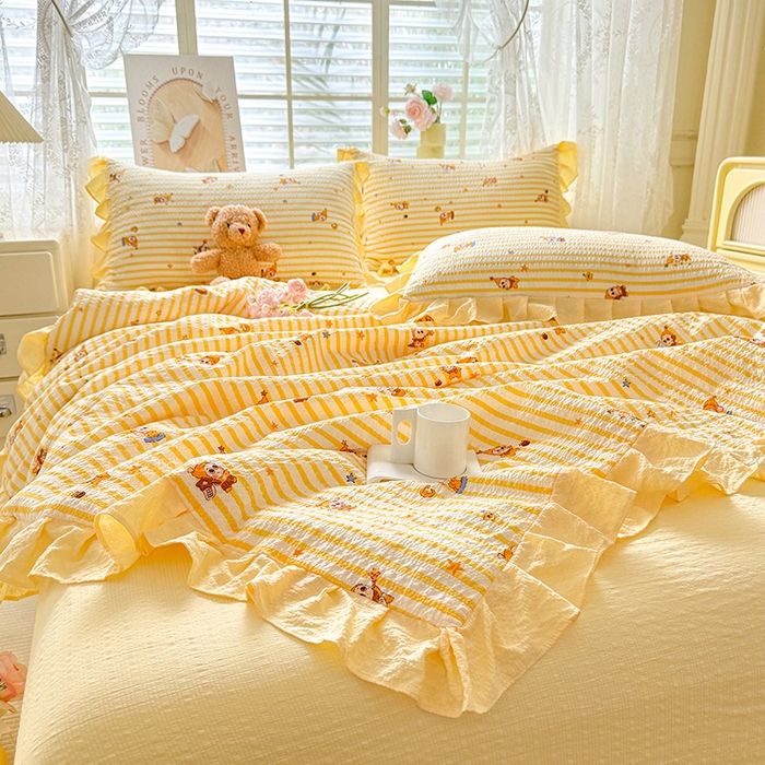 91家纺网 家纺一手货源 找家纺 韩约家纺 2026春夏新款韩式花边泡芙棉床单款夏被夏凉被空调被四件套 旺旺