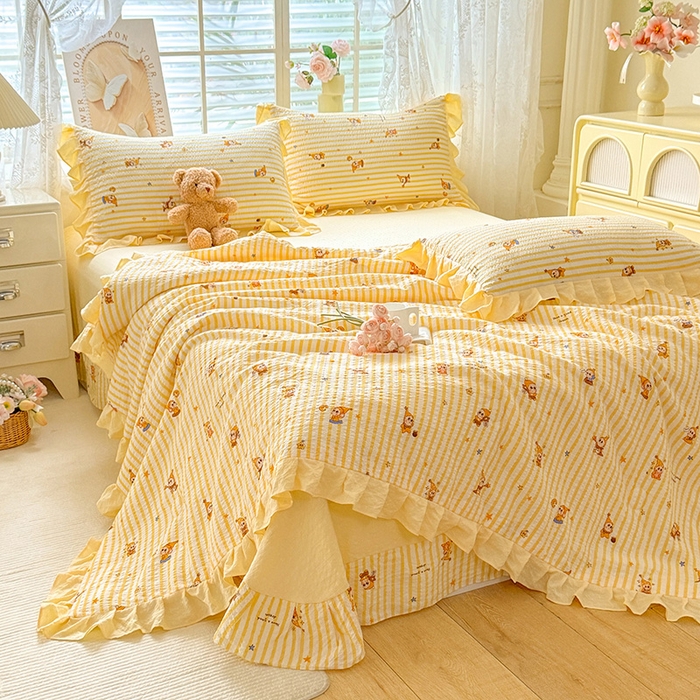 91家纺网 家纺一手货源 找家纺 韩约家纺 2026春夏新款韩式花边泡芙棉床单款夏被夏凉被空调被四件套 旺旺