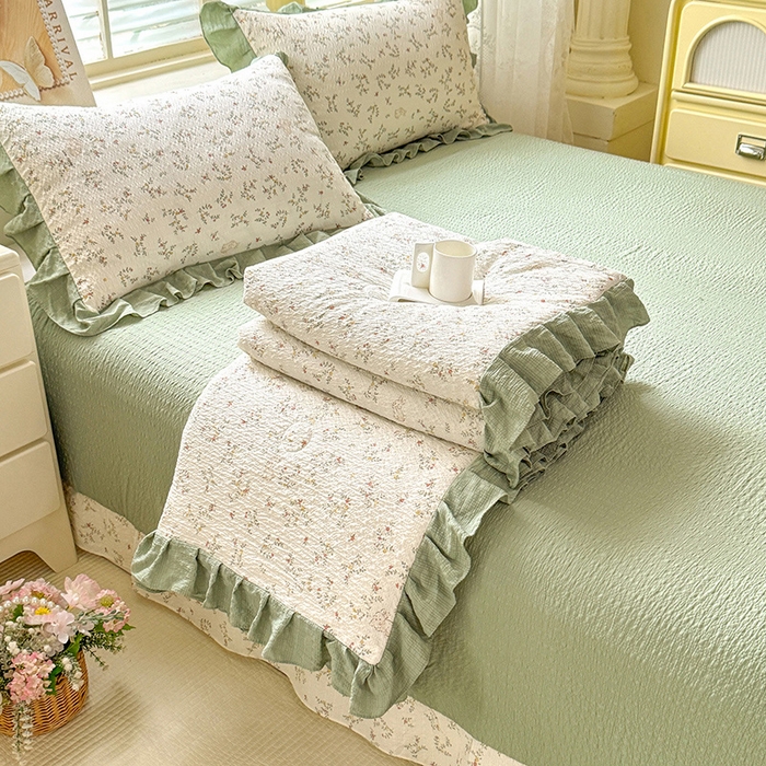 韩约家纺 2026春夏新款韩式花边泡芙棉床单款夏被夏凉被空调被四件套 微花耳耳