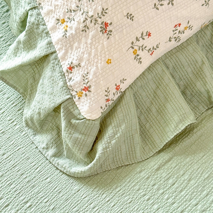 91家纺网 家纺一手货源 找家纺 韩约家纺 2026春夏新款韩式花边泡芙棉床单款夏被夏凉被空调被四件套 微花耳耳