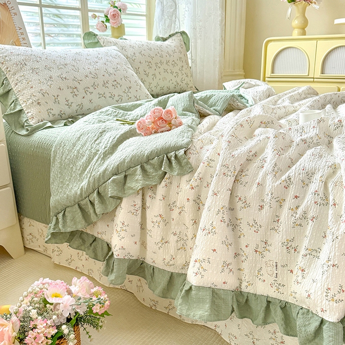 91家纺网 家纺一手货源 找家纺 韩约家纺 2026春夏新款韩式花边泡芙棉床单款夏被夏凉被空调被四件套 微花耳耳