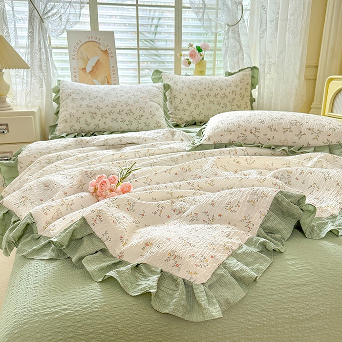 91家纺网 家纺一手货源 找家纺 韩约家纺 2026春夏新款韩式花边泡芙棉床单款夏被夏凉被空调被四件套 微花耳耳