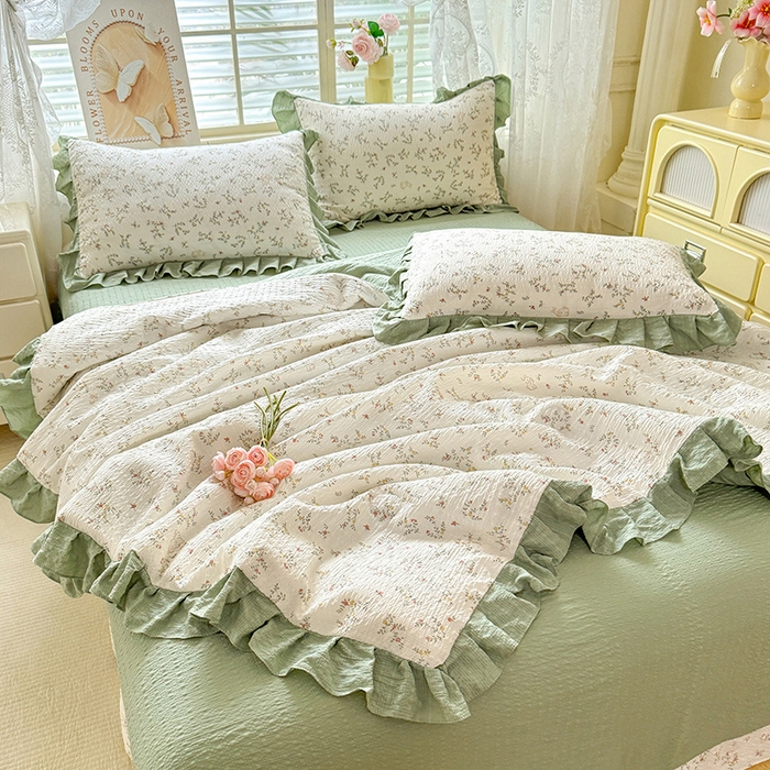 91家纺网 家纺一手货源 找家纺 韩约家纺 2026春夏新款韩式花边泡芙棉床单款夏被夏凉被空调被四件套 微花耳耳