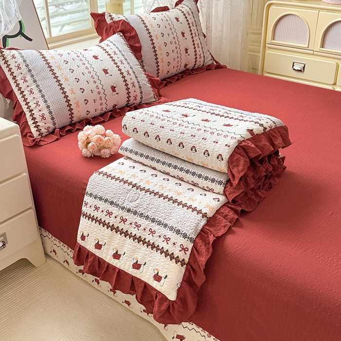 韩约家纺 2026春夏新款韩式花边泡芙棉床单款夏被夏凉被空调被四件套 星梦伙伴