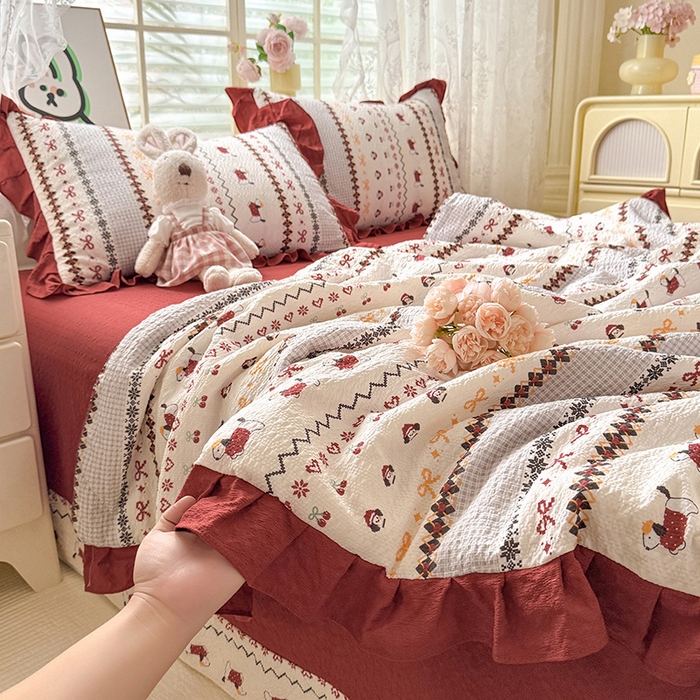 91家纺网 家纺一手货源 找家纺 韩约家纺 2026春夏新款韩式花边泡芙棉床单款夏被夏凉被空调被四件套 星梦伙伴