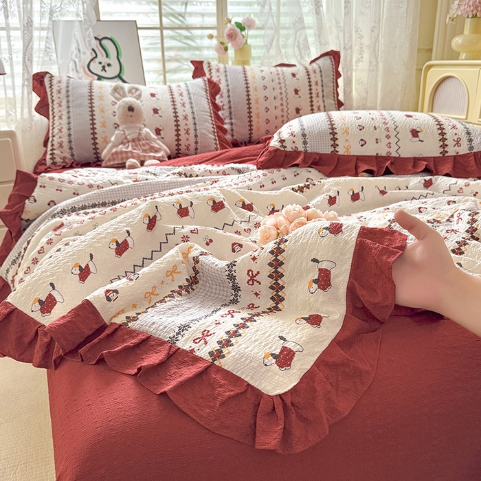 91家纺网 家纺一手货源 找家纺 韩约家纺 2026春夏新款韩式花边泡芙棉床单款夏被夏凉被空调被四件套 星梦伙伴