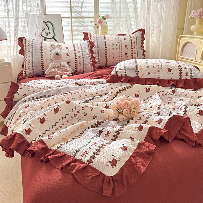 91家纺网 家纺一手货源 找家纺 韩约家纺 2026春夏新款韩式花边泡芙棉床单款夏被夏凉被空调被四件套 星梦伙伴