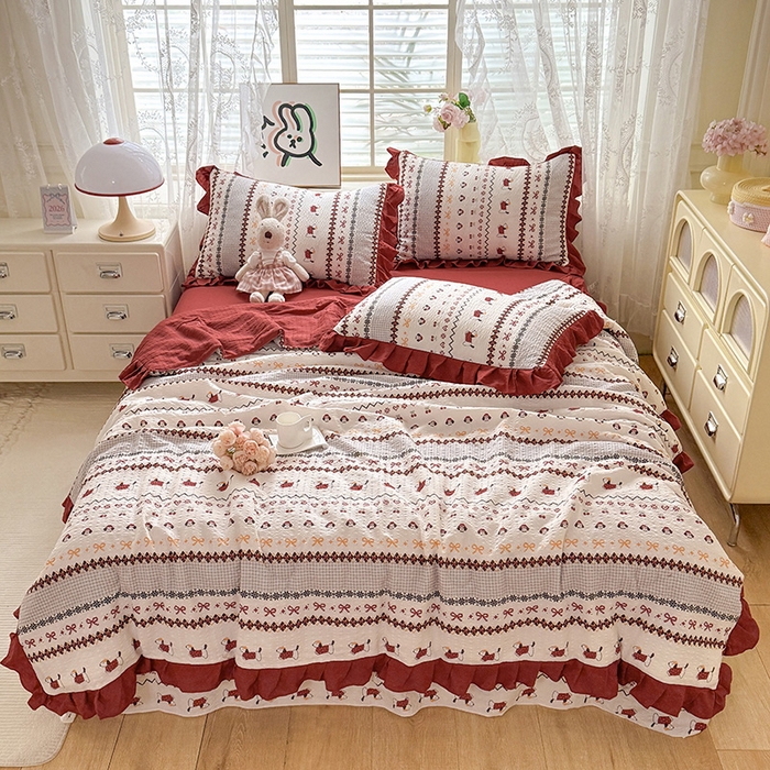 91家纺网 家纺一手货源 找家纺 韩约家纺 2026春夏新款韩式花边泡芙棉床单款夏被夏凉被空调被四件套 星梦伙伴