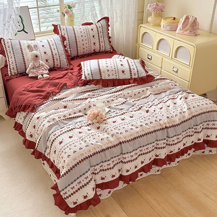 91家纺网 家纺一手货源 找家纺 韩约家纺 2026春夏新款韩式花边泡芙棉床单款夏被夏凉被空调被四件套 星梦伙伴