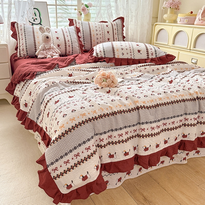 91家纺网 家纺一手货源 找家纺 韩约家纺 2026春夏新款韩式花边泡芙棉床单款夏被夏凉被空调被四件套 星梦伙伴