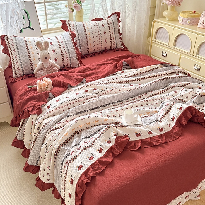 91家纺网 家纺一手货源 找家纺 韩约家纺 2026春夏新款韩式花边泡芙棉床单款夏被夏凉被空调被四件套 星梦伙伴