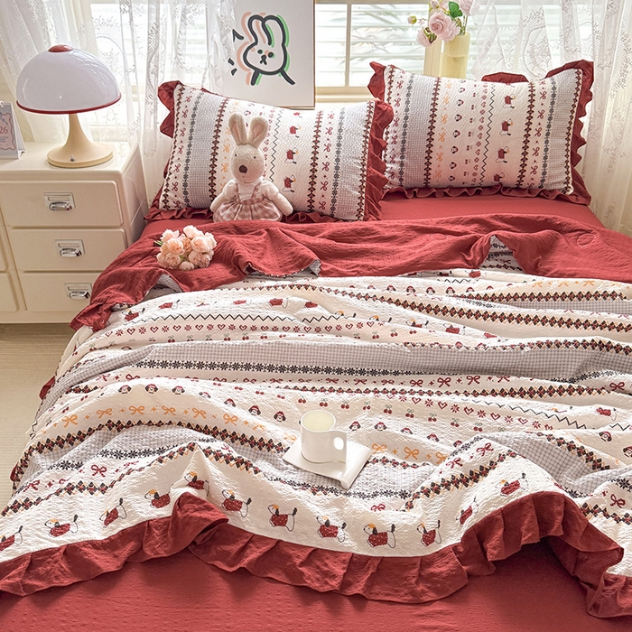 91家纺网 家纺一手货源 找家纺 韩约家纺 2026春夏新款韩式花边泡芙棉床单款夏被夏凉被空调被四件套 星梦伙伴