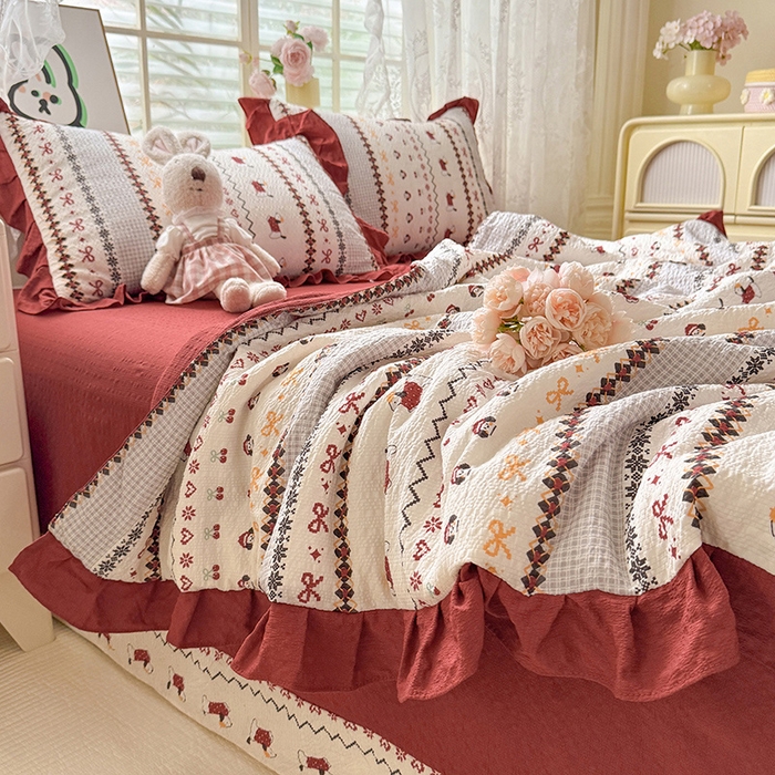 91家纺网 家纺一手货源 找家纺 韩约家纺 2026春夏新款韩式花边泡芙棉床单款夏被夏凉被空调被四件套 星梦伙伴