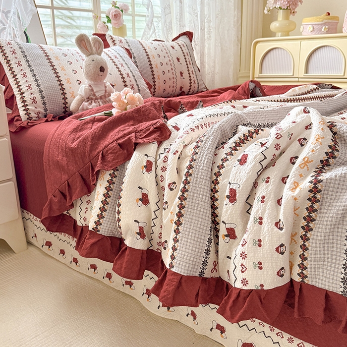 91家纺网 家纺一手货源 找家纺 韩约家纺 2026春夏新款韩式花边泡芙棉床单款夏被夏凉被空调被四件套 星梦伙伴