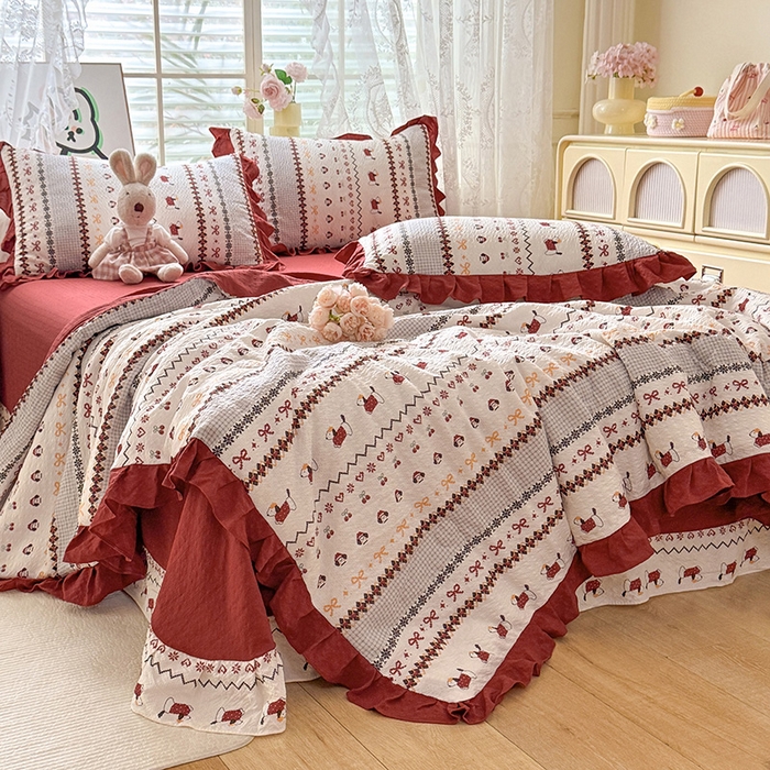 91家纺网 家纺一手货源 找家纺 韩约家纺 2026春夏新款韩式花边泡芙棉床单款夏被夏凉被空调被四件套 星梦伙伴