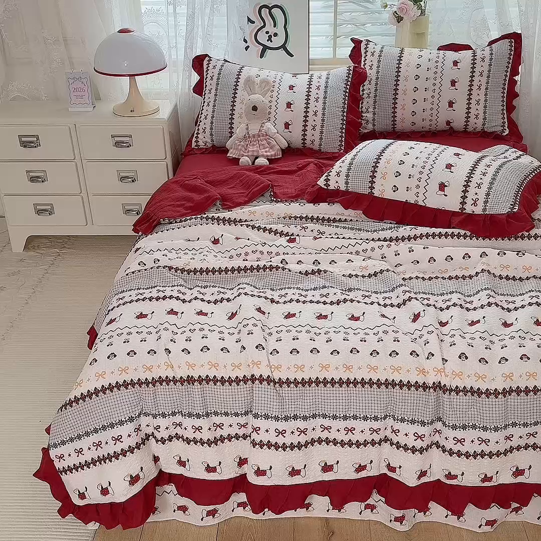 91家纺网 家纺一手货源 找家纺 韩约家纺 2026春夏新款韩式花边泡芙棉床单款夏被夏凉被空调被四件套 星梦伙伴