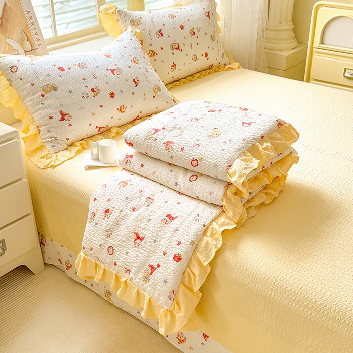 韩约家纺 2026春夏新款韩式花边泡芙棉床单款夏被夏凉被空调被四件套 星星人