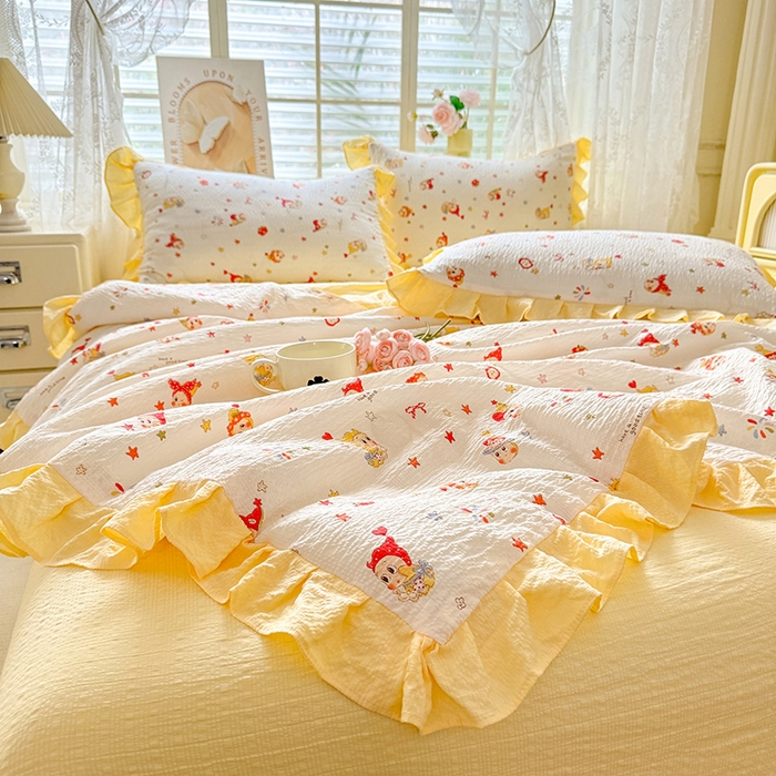 91家纺网 家纺一手货源 找家纺 韩约家纺 2026春夏新款韩式花边泡芙棉床单款夏被夏凉被空调被四件套 星星人