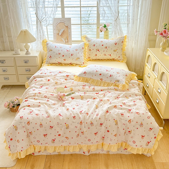 91家纺网 家纺一手货源 找家纺 韩约家纺 2026春夏新款韩式花边泡芙棉床单款夏被夏凉被空调被四件套 星星人