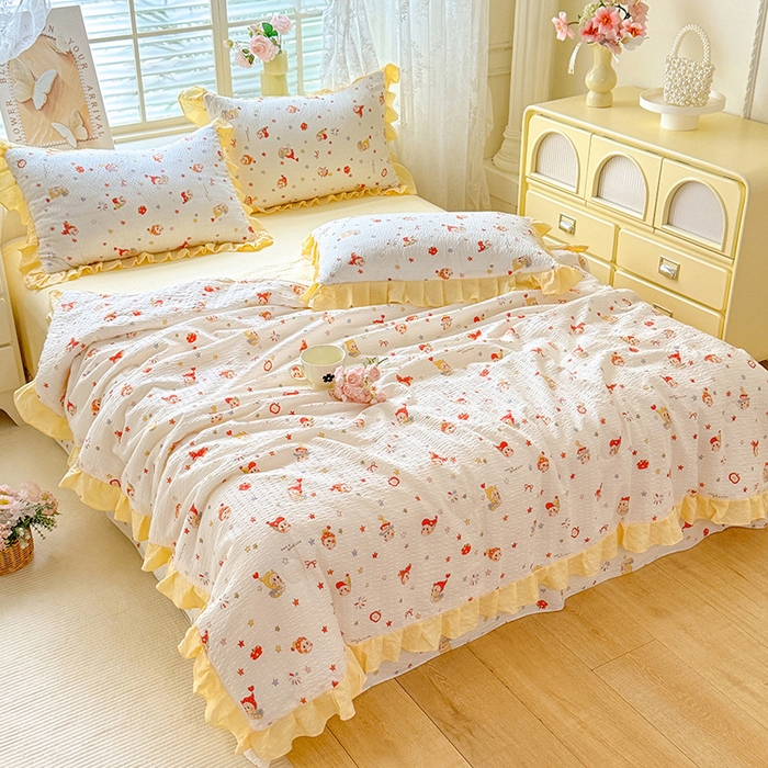 91家纺网 家纺一手货源 找家纺 韩约家纺 2026春夏新款韩式花边泡芙棉床单款夏被夏凉被空调被四件套 星星人