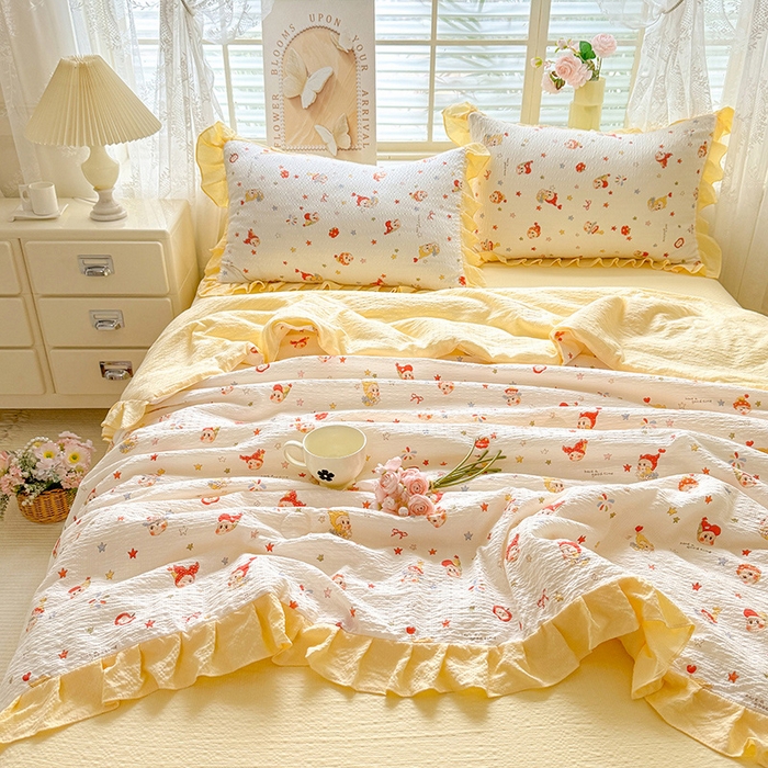 91家纺网 家纺一手货源 找家纺 韩约家纺 2026春夏新款韩式花边泡芙棉床单款夏被夏凉被空调被四件套 星星人